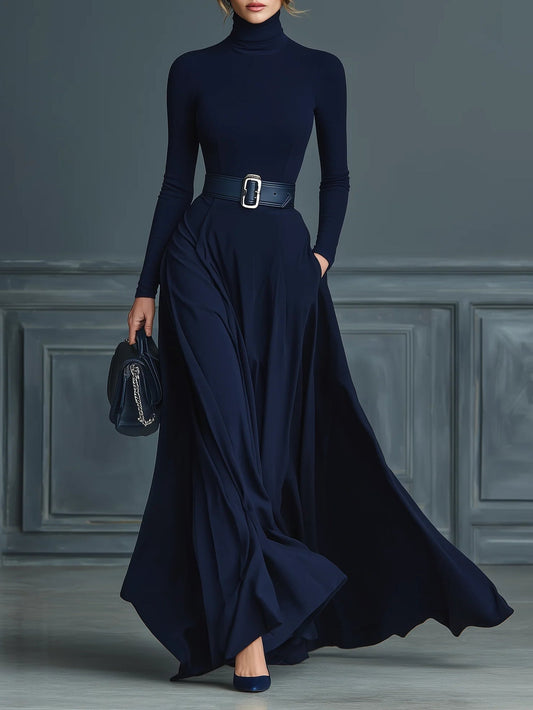 Francesca – Vestido de Punto Azul Oscuro con Cuello Alto