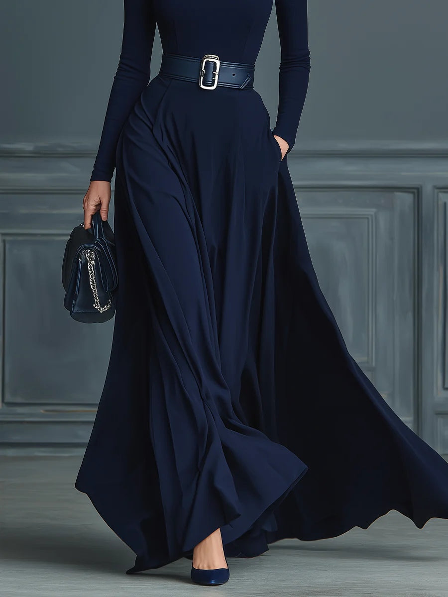 Francesca – Vestido de Punto Azul Oscuro con Cuello Alto